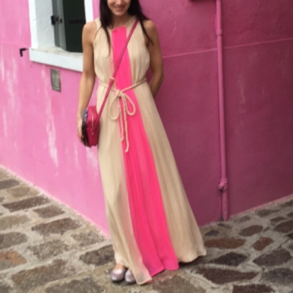J Crew Phyllis Silk Maxi Dress Gown Cream and Pink 0